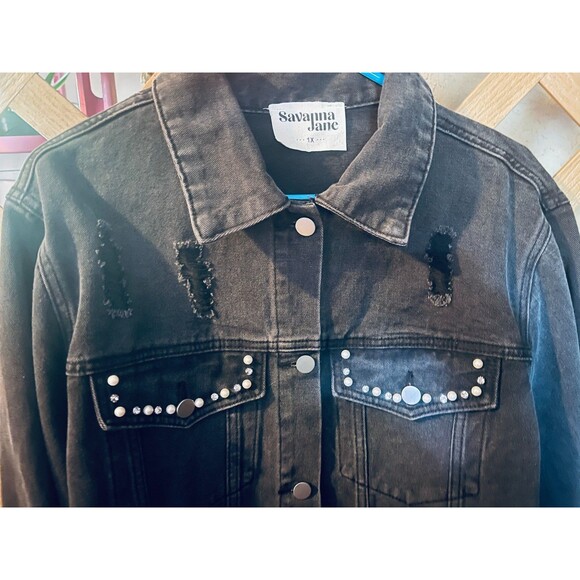 SAVANNAH JANE Pearls & Rhinestones Black Distressed Denim Boho Jacket 1X - Picture 10 of 12